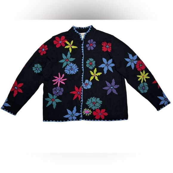 Coldwater Creek Black Knit Sweater Floral Embroidery Colorful Flowers Cardigan - Picture 1 of 6